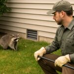 Technician in uniform kneels beside a home, observing a raccoon near a wall vent on a grassy lawn.