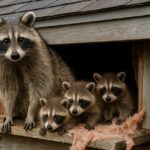 Mother raccoon with three babies emerging from an attic entry point on a Toronto home, showing insulation damage during raccoon baby season.