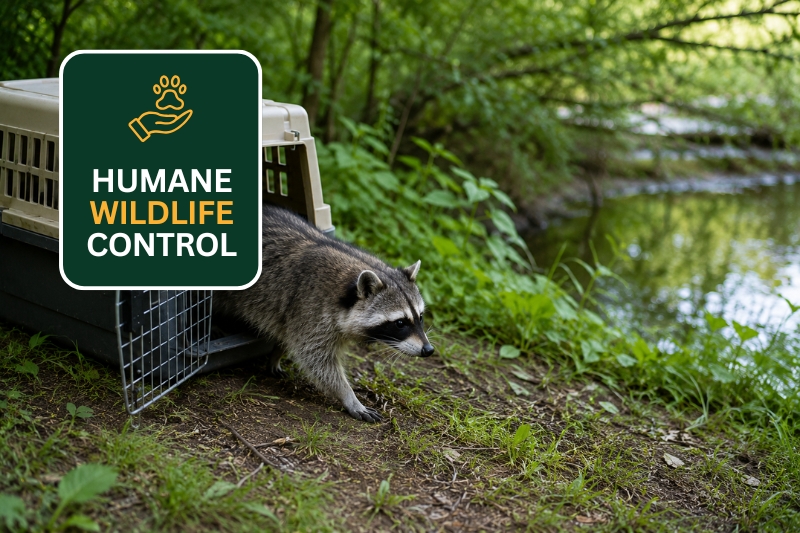 Raccoon safely exiting a wildlife carrier in a natural wooded area as part of humane wildlife control service