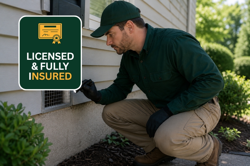 Licensed Wildlife Pro technician inspecting a home exterior vent during a wildlife control assessment