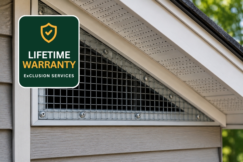 Close-up of completed galvanized wildlife exclusion mesh installed on a home exterior to help prevent animal re-entry